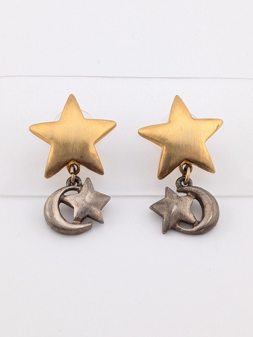 Vintage Celestial Gold Star Silver Moon Two Tone Whimsigoth Statement Earrings
